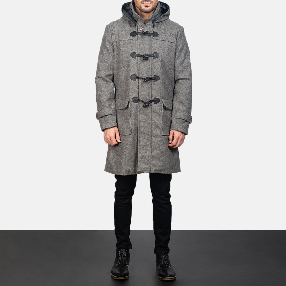 Drake Grey Wool Hooded Duffle Coat - men's coat in grey wool, view 3