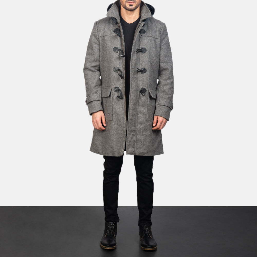 Drake Grey Wool Hooded Duffle Coat - men's coat in grey wool, view 4