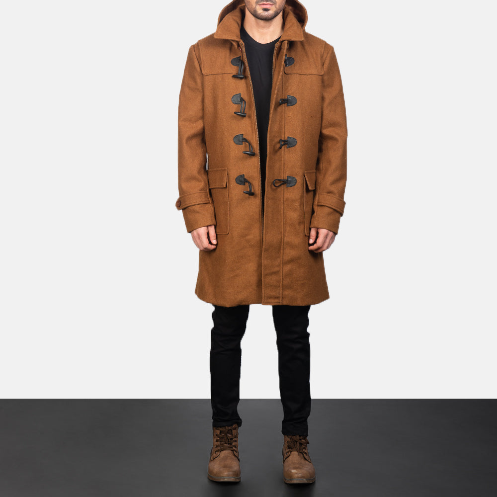 Drake Khaki Wool Hooded Duffle Coat - men's coat in khaki wool, view 1