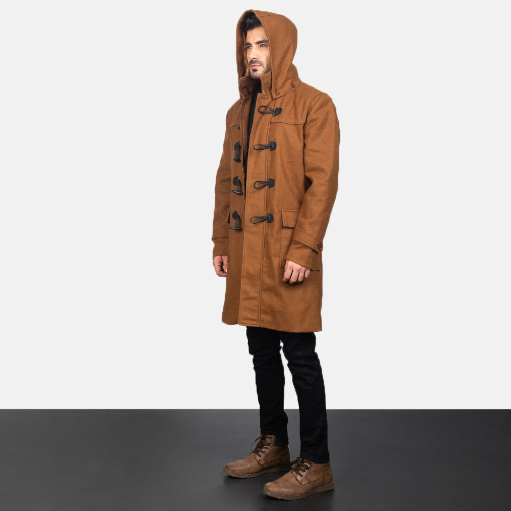 Drake Khaki Wool Hooded Duffle Coat - men's coat in khaki wool, view 2