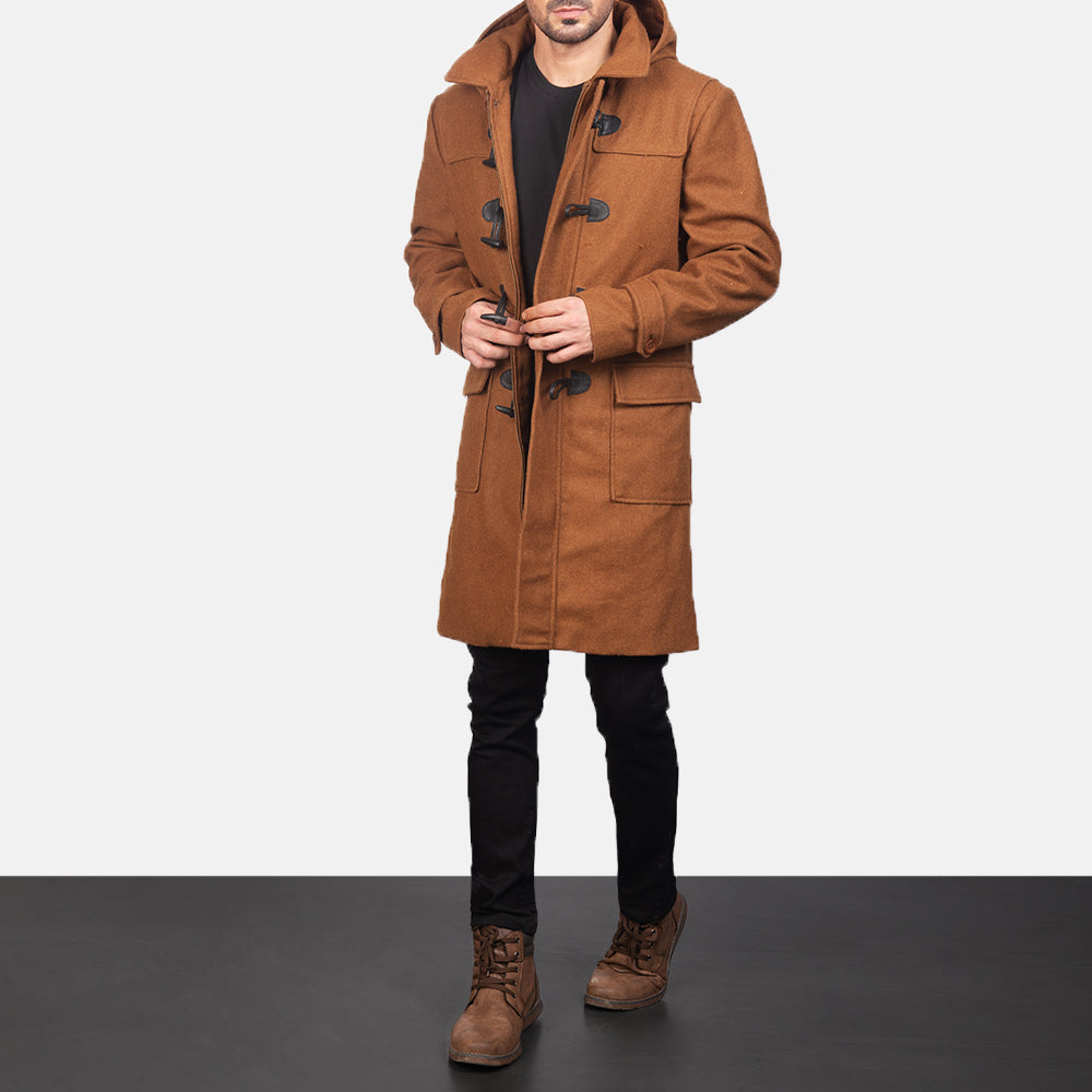 Drake Khaki Wool Hooded Duffle Coat - men's coat in khaki wool, view 3
