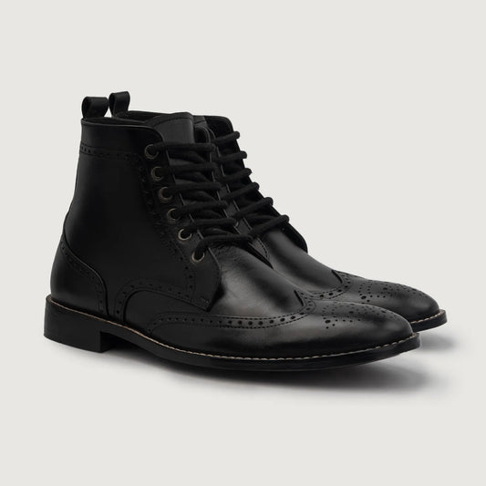 Duster Brogues Derby Black Leather Boots - men's boots in black genuine leather, view 1