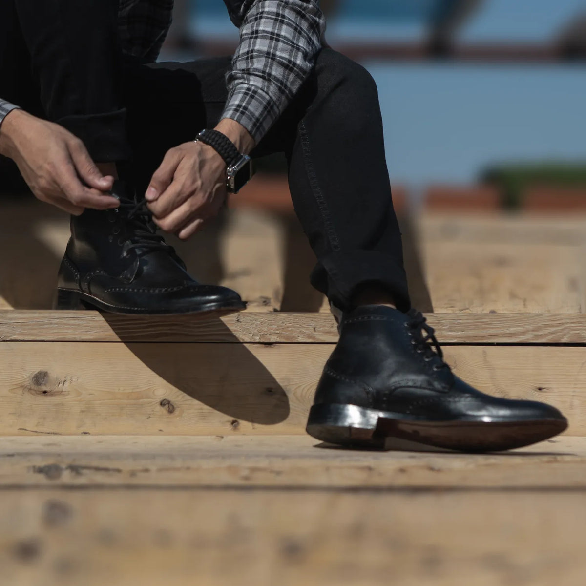 Duster Brogues Derby Black Leather Boots - men's boots in black genuine leather, view 8