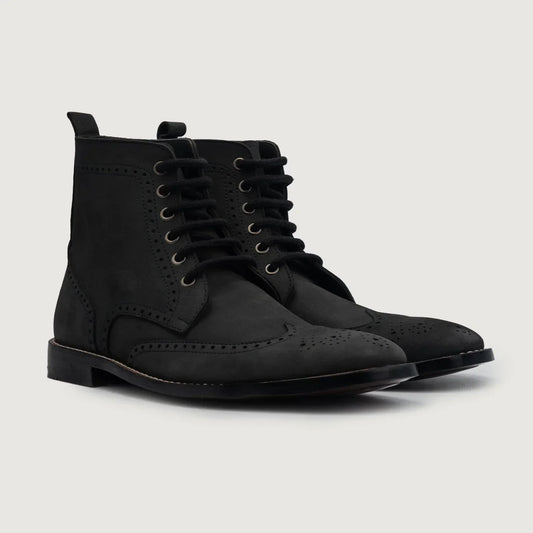 Duster Brogues Derby Black Nubuck Leather Boots - men's boots in black nubuck leather, view 1