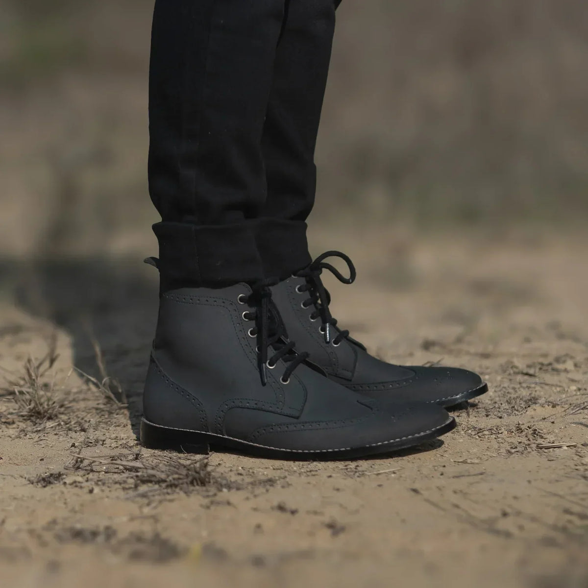 Duster Brogues Derby Black Nubuck Leather Boots - men's boots in black nubuck leather, view 8