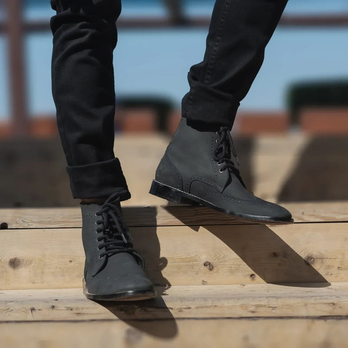 Duster Brogues Derby Black Nubuck Leather Boots - men's boots in black nubuck leather, view 9