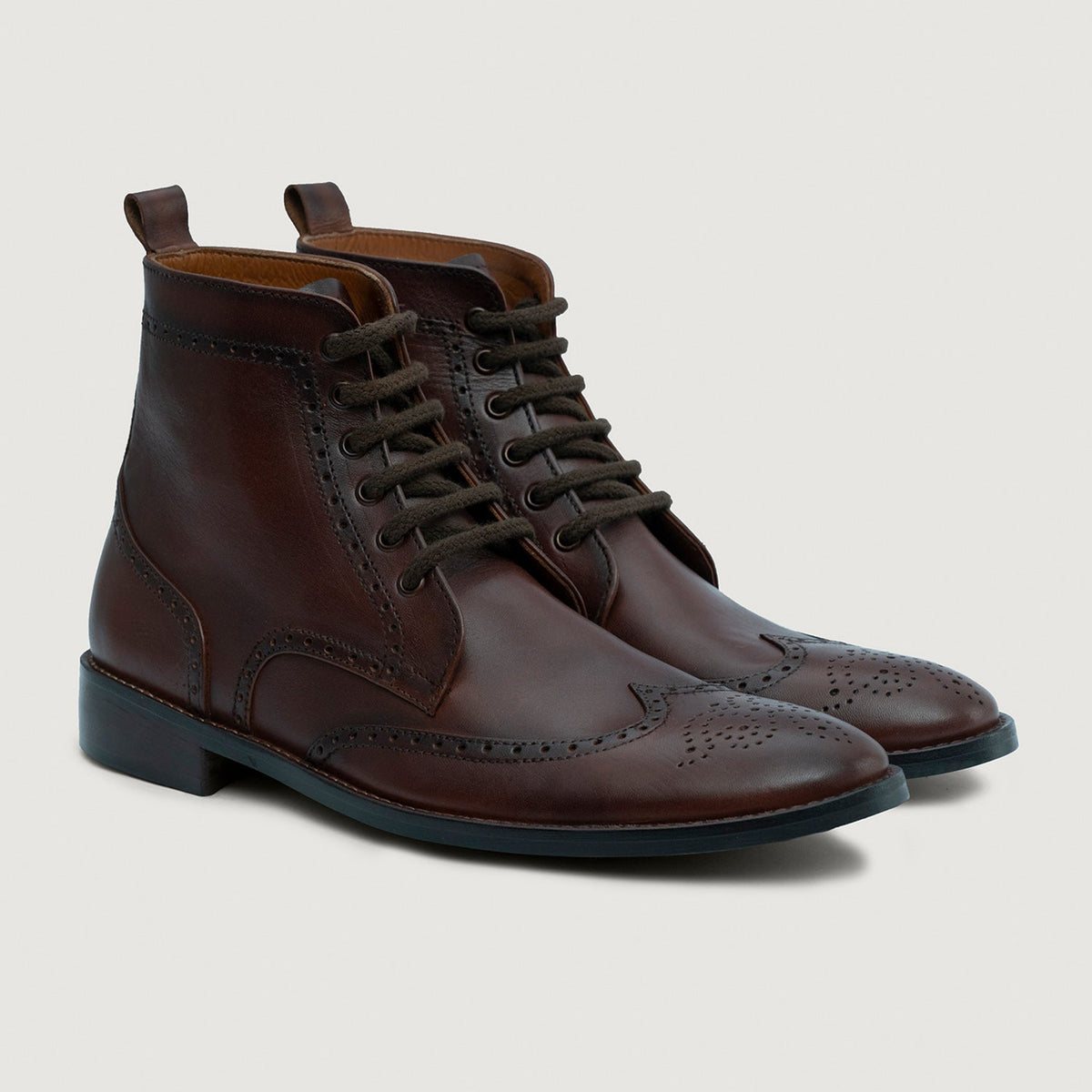 Duster Brogues Derby Brown Burnished Leather Boots Rugged Sole - men's boots in brown genuine leather, view 1