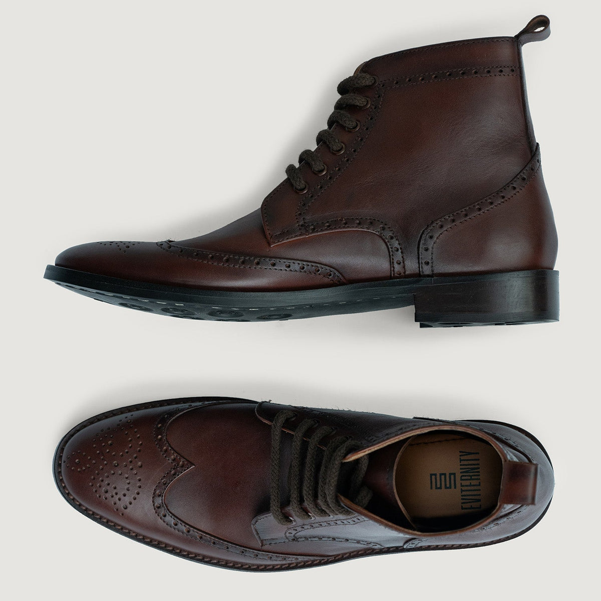 Duster Brogues Derby Brown Burnished Leather Boots Rugged Sole - men's boots in brown genuine leather, view 3