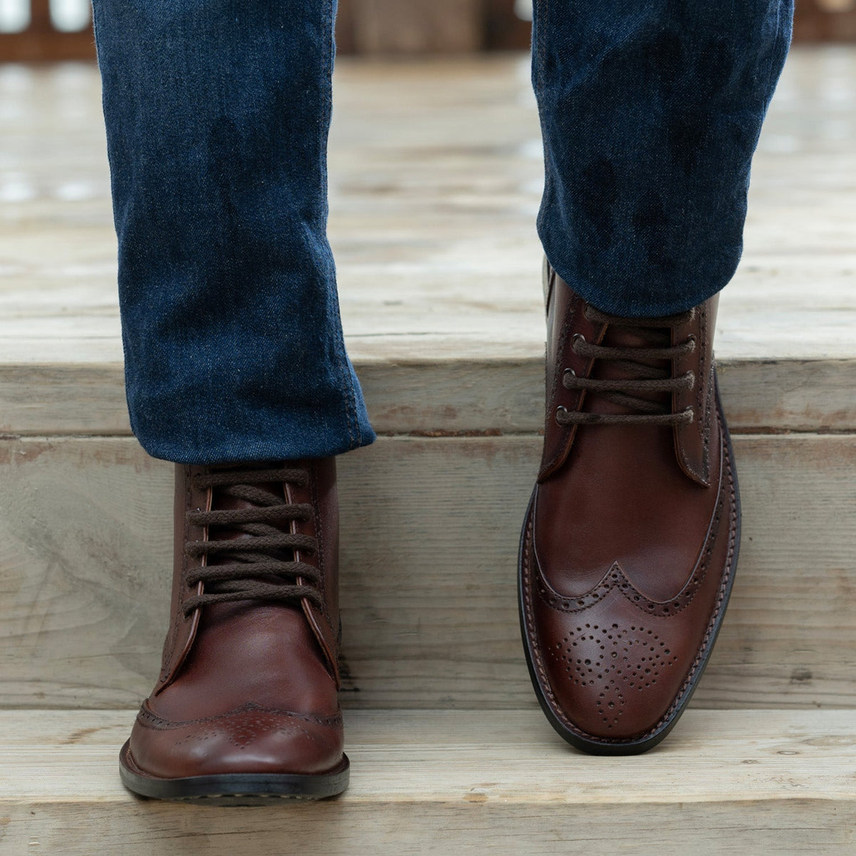 Duster Brogues Derby Brown Burnished Leather Boots Rugged Sole - men's boots in brown genuine leather, view 5