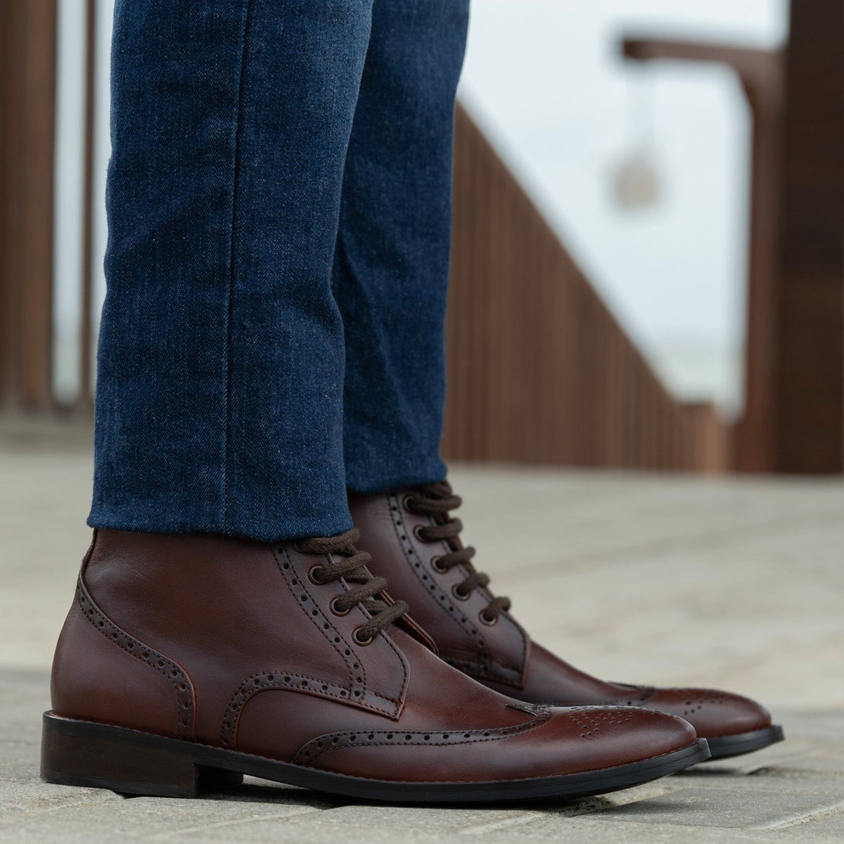 Duster Brogues Derby Brown Burnished Leather Boots Rugged Sole - men's boots in brown genuine leather, view 6