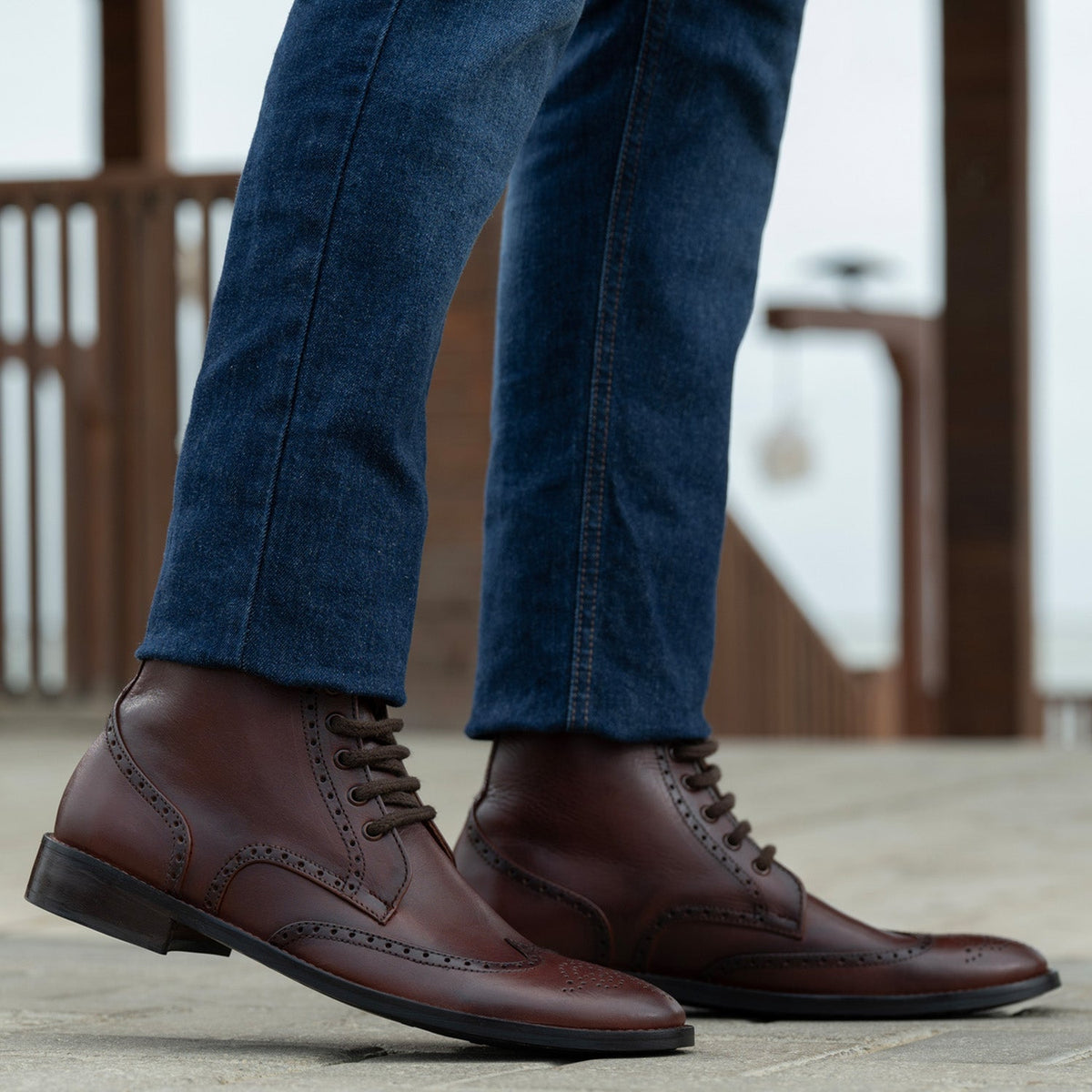 Duster Brogues Derby Brown Burnished Leather Boots Rugged Sole - men's boots in brown genuine leather, view 7