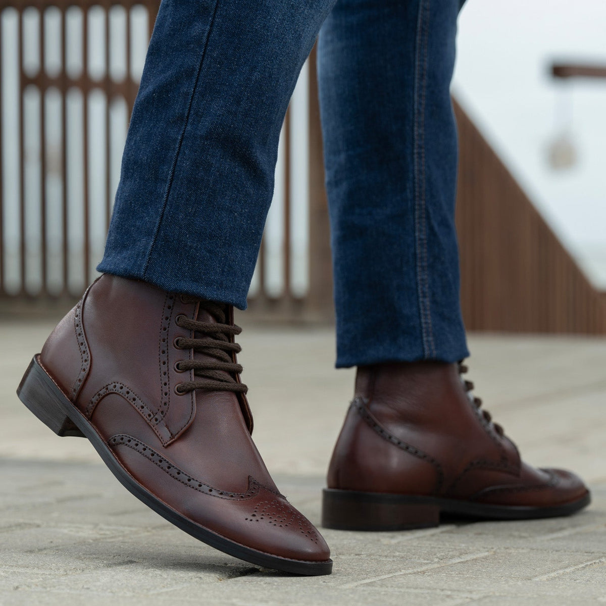 Duster Brogues Derby Brown Burnished Leather Boots Rugged Sole - men's boots in brown genuine leather, view 8