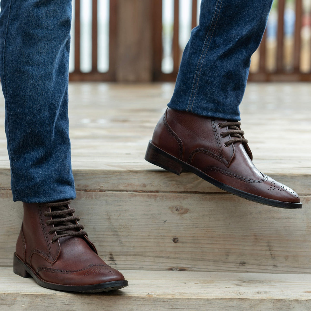 Duster Brogues Derby Brown Burnished Leather Boots Rugged Sole - men's boots in brown genuine leather, view 9