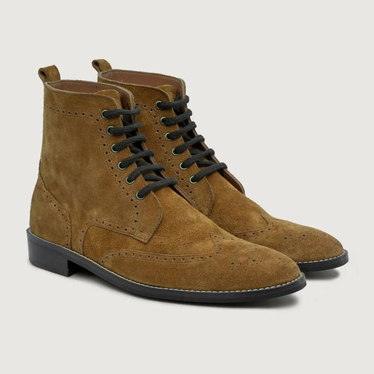 Duster Brogues Derby Brown Suede Leather Boots Rugged Sole - men's boots in brown suede leather, view 1