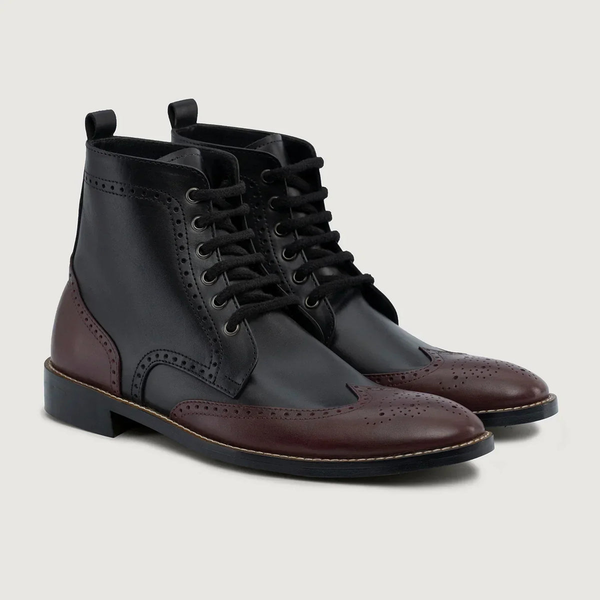 Duster Brogues Derby Maroon Black Leather Boots Rugged Sole - men's boots in maroon & black genuine leather, view 1