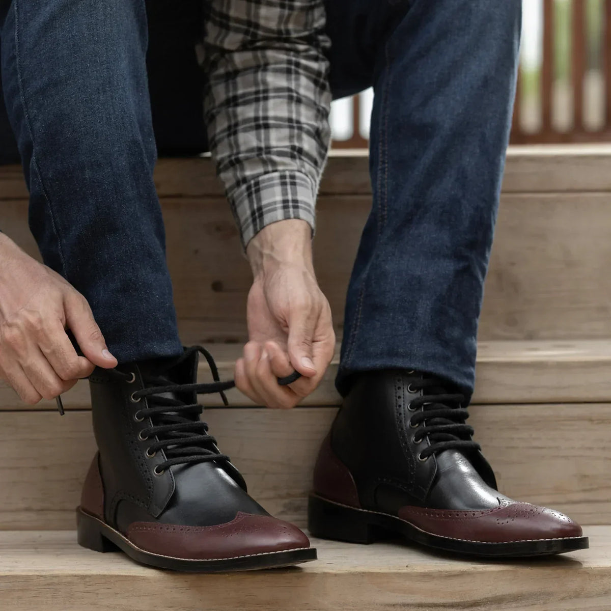 Duster Brogues Derby Maroon Black Leather Boots Rugged Sole - men's boots in maroon & black genuine leather, view 10