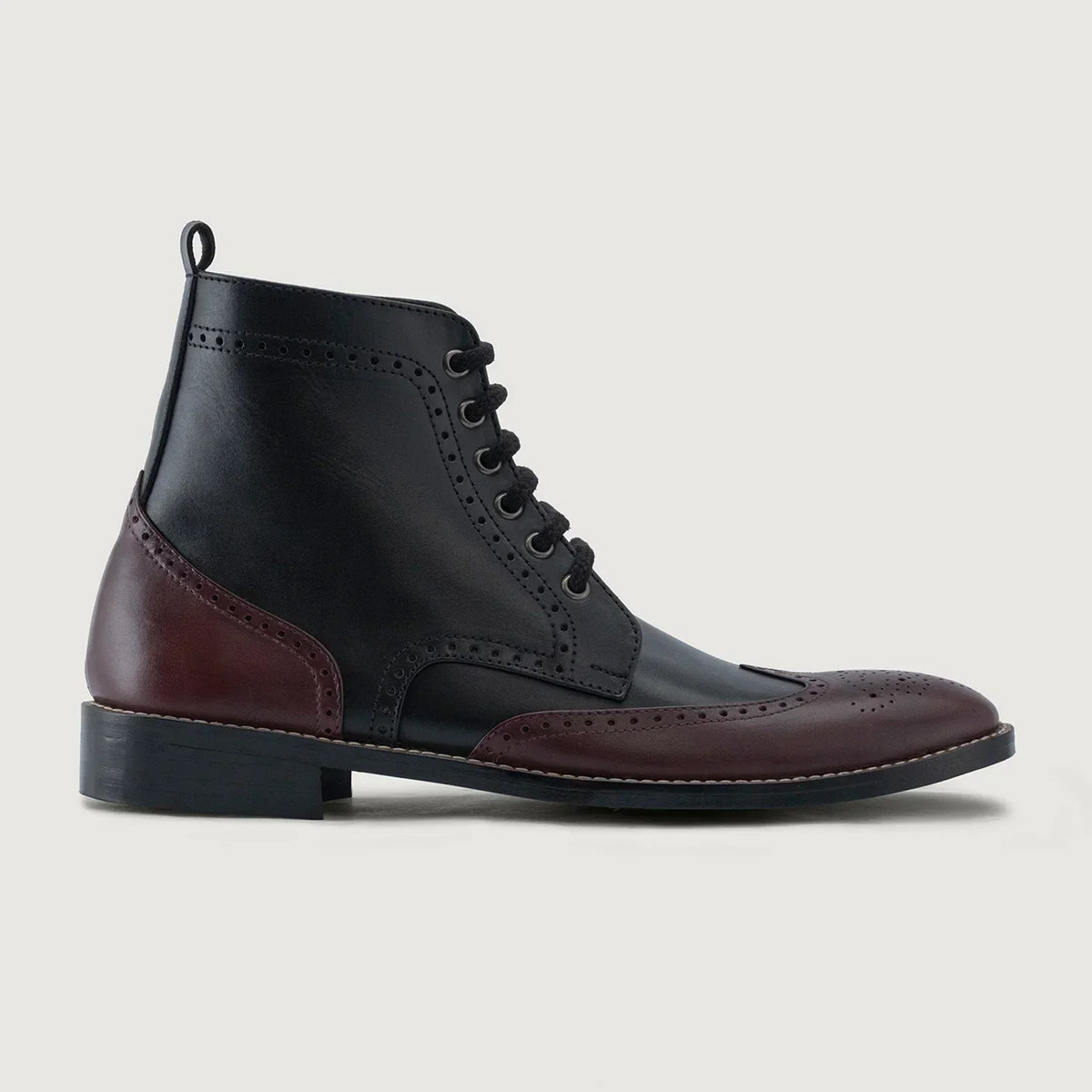Duster Brogues Derby Maroon Black Leather Boots Rugged Sole - men's boots in maroon & black genuine leather, view 2