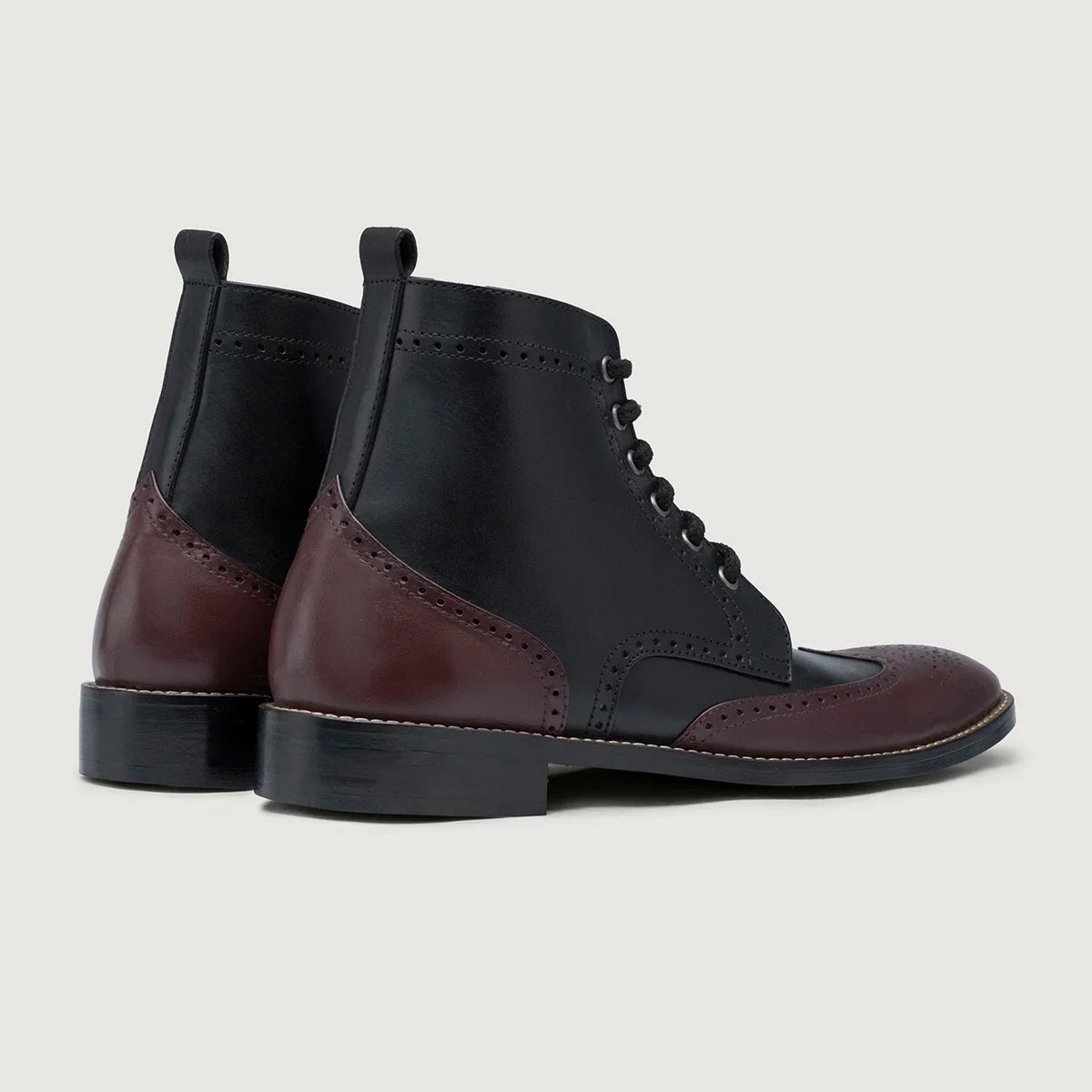 Duster Brogues Derby Maroon Black Leather Boots Rugged Sole - men's boots in maroon & black genuine leather, view 3