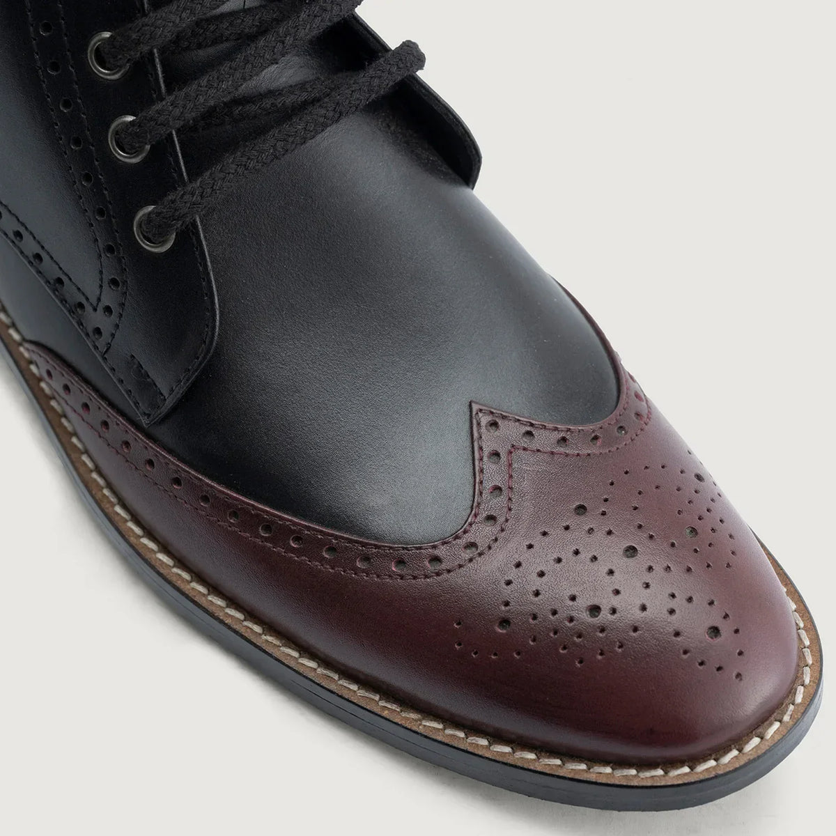 Duster Brogues Derby Maroon Black Leather Boots Rugged Sole - men's boots in maroon & black genuine leather, view 4