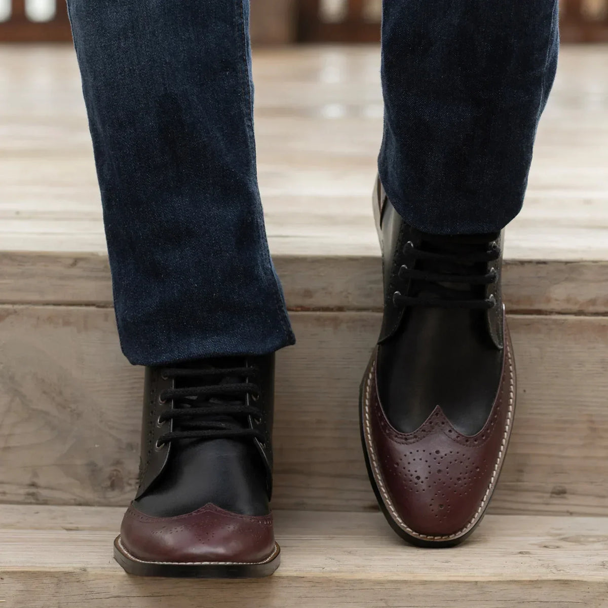 Duster Brogues Derby Maroon Black Leather Boots Rugged Sole - men's boots in maroon & black genuine leather, view 5