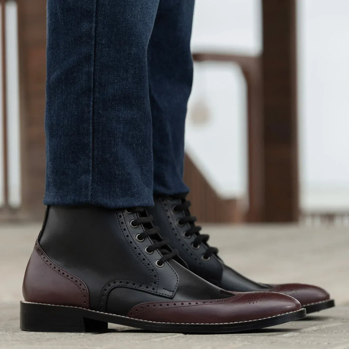 Duster Brogues Derby Maroon Black Leather Boots Rugged Sole - men's boots in maroon & black genuine leather, view 6