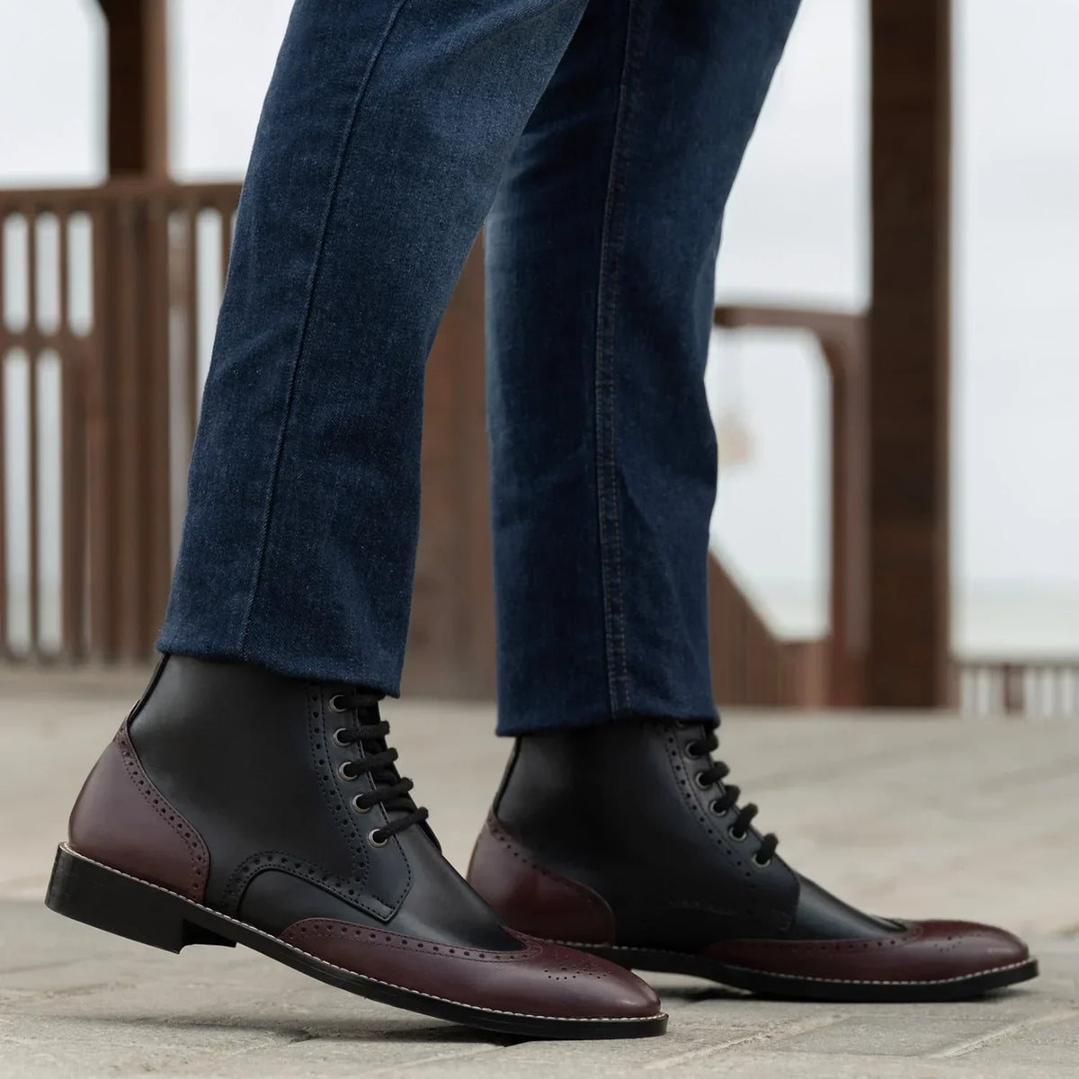 Duster Brogues Derby Maroon Black Leather Boots Rugged Sole - men's boots in maroon & black genuine leather, view 7