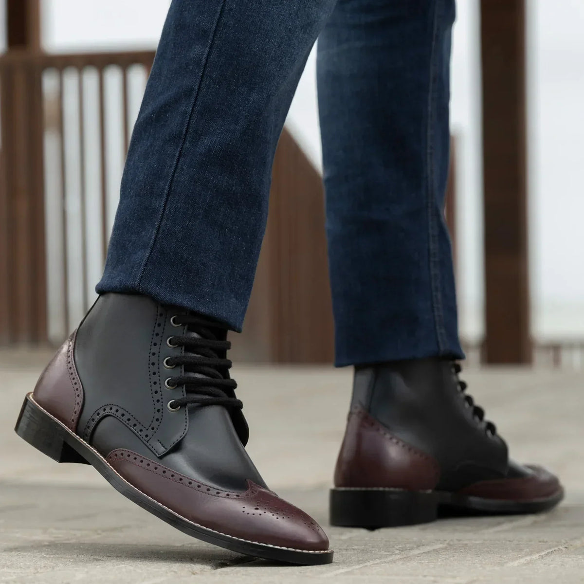 Duster Brogues Derby Maroon Black Leather Boots Rugged Sole - men's boots in maroon & black genuine leather, view 8