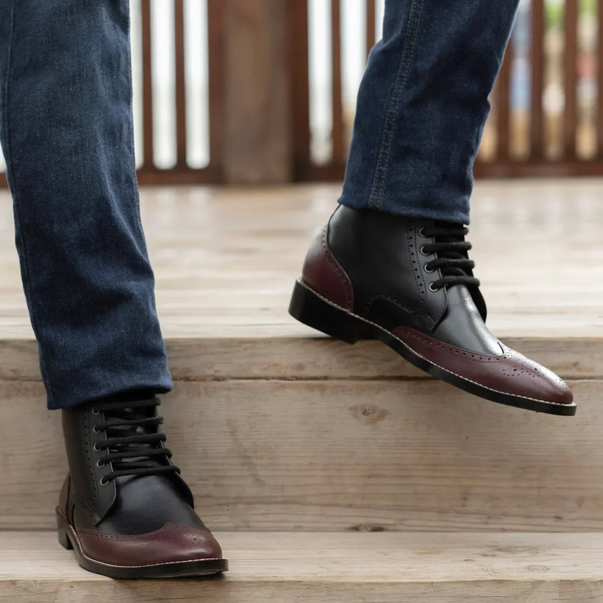 Duster Brogues Derby Maroon Black Leather Boots Rugged Sole - men's boots in maroon & black genuine leather, view 9