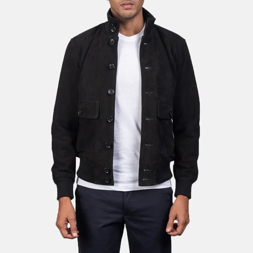 Eaton Black Suede Bomber Jacket - men's jacket in black suede leather, view 1