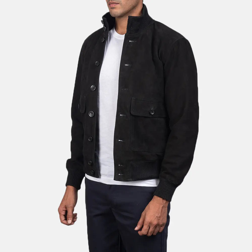 Eaton Black Suede Bomber Jacket - men's jacket in black suede leather, view 2