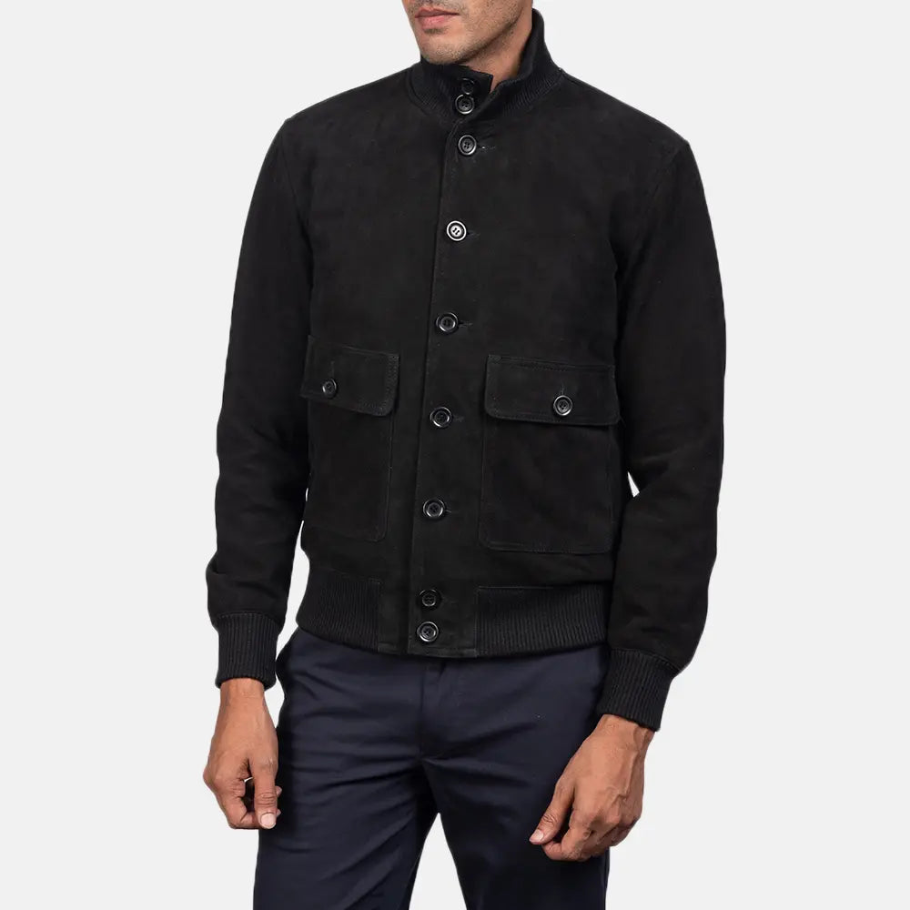 Eaton Black Suede Bomber Jacket - men's jacket in black suede leather, view 3
