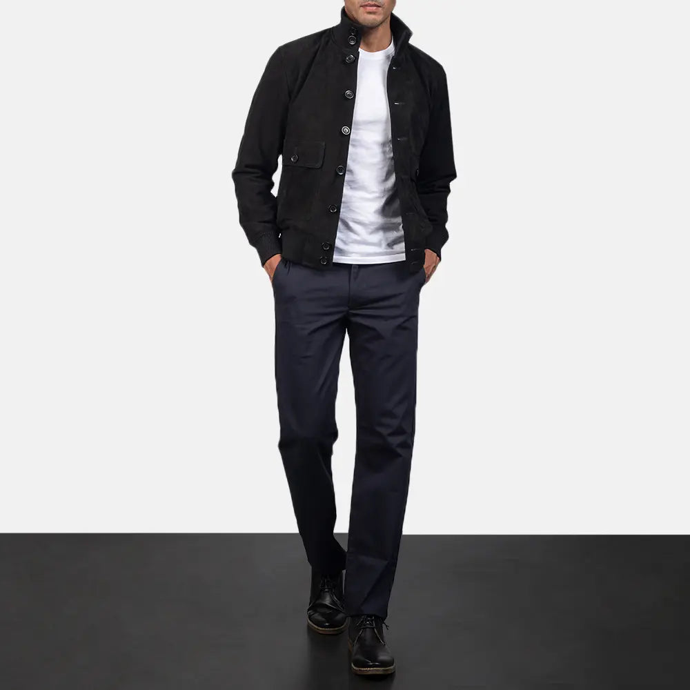 Eaton Black Suede Bomber Jacket - men's jacket in black suede leather, view 4