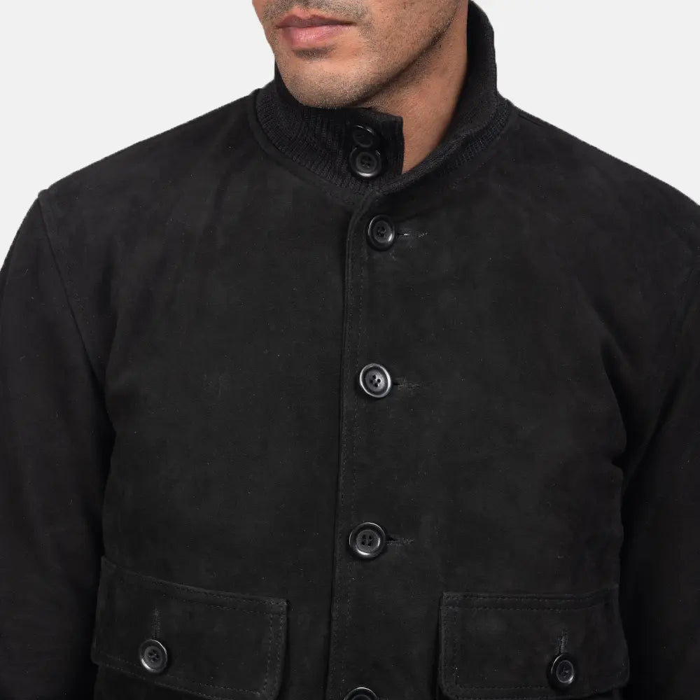 Eaton Black Suede Bomber Jacket - men's jacket in black suede leather, view 5