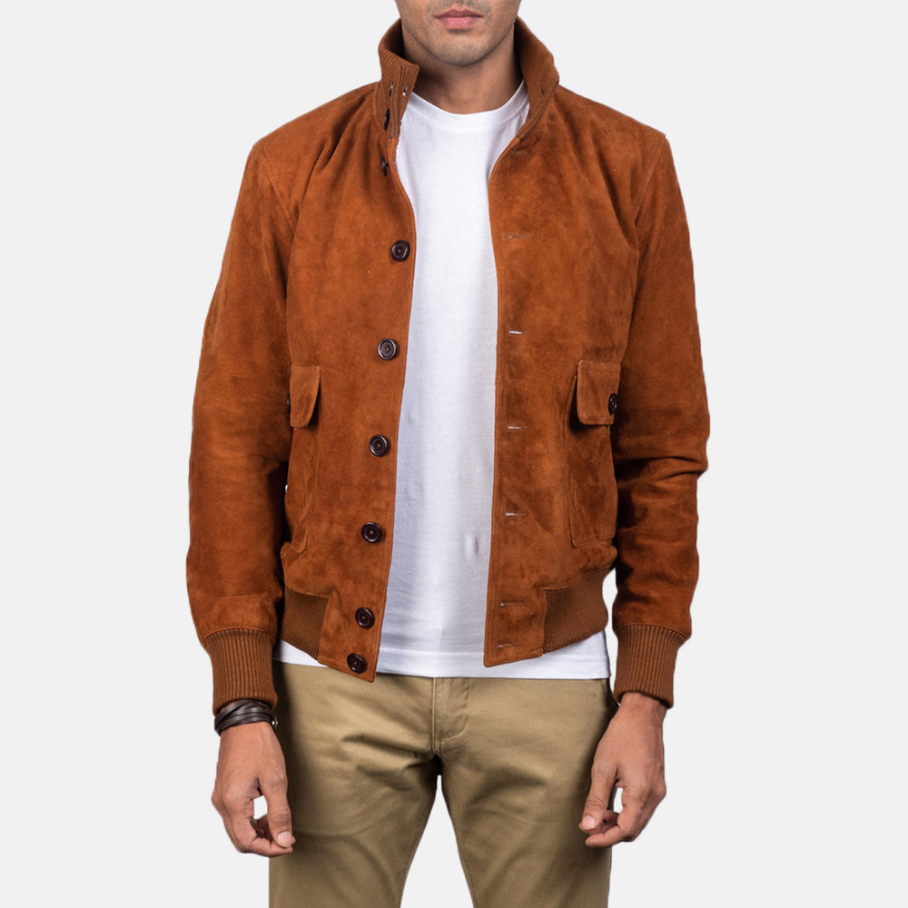 Eaton Brown Suede Bomber Jacket - men's jacket in brown suede leather, view 1