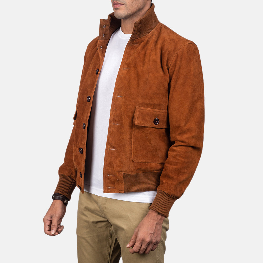 Eaton Brown Suede Bomber Jacket - men's jacket in brown suede leather, view 2