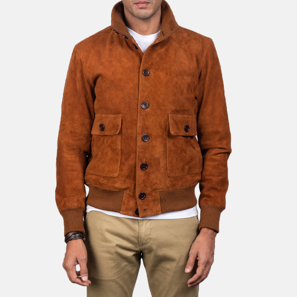 Eaton Brown Suede Bomber Jacket - men's jacket in brown suede leather, view 3