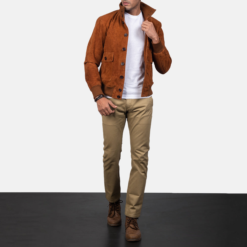 Eaton Brown Suede Bomber Jacket - men's jacket in brown suede leather, view 4
