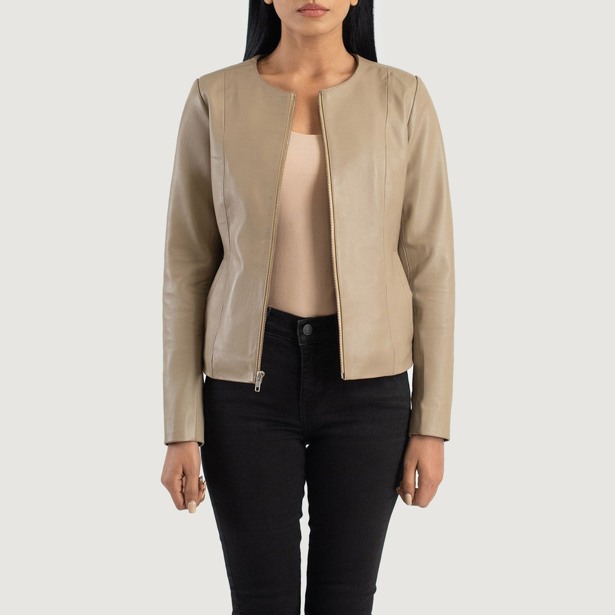 Elixir Beige Collarless Leather Jacket - women's jacket in beige sheepskin leather, view 1