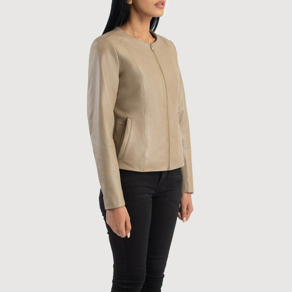 Elixir Beige Collarless Leather Jacket - women's jacket in beige sheepskin leather, view 2