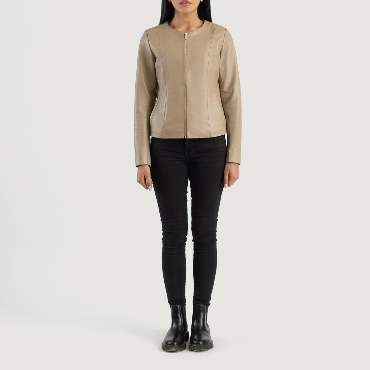 Elixir Beige Collarless Leather Jacket - women's jacket in beige sheepskin leather, view 3