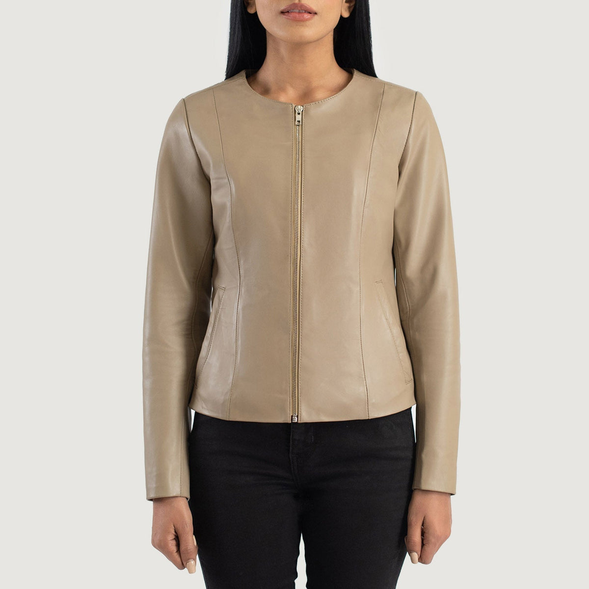 Elixir Beige Collarless Leather Jacket - women's jacket in beige sheepskin leather, view 4