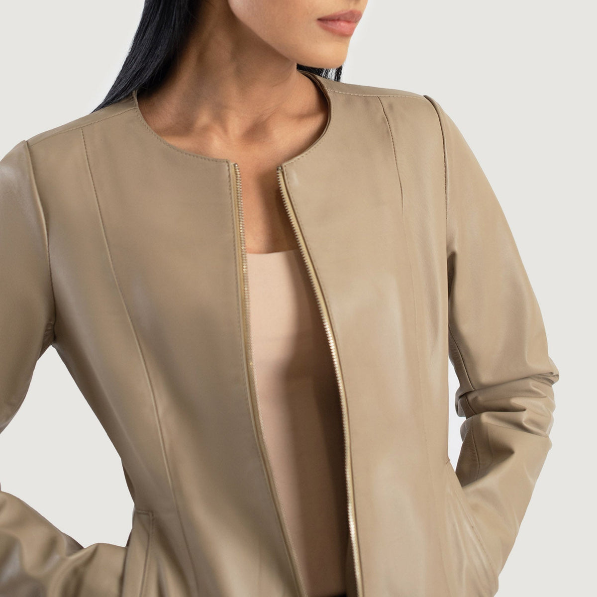 Elixir Beige Collarless Leather Jacket - women's jacket in beige sheepskin leather, view 6