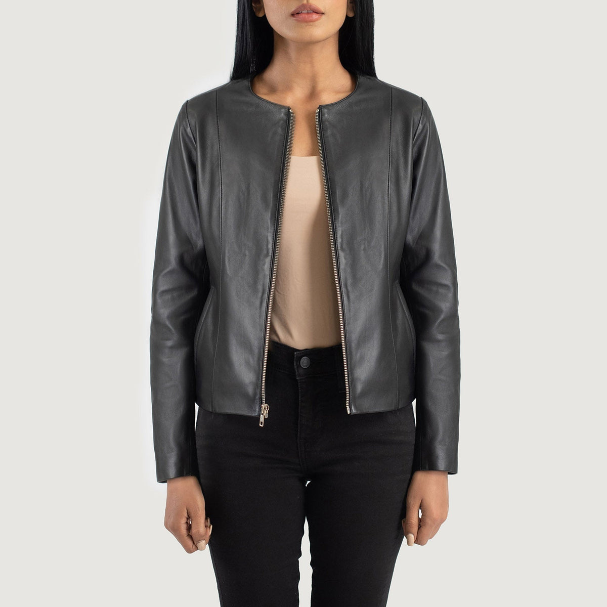 Elixir Black Collarless Leather Jacket - women's jacket in black sheepskin leather, view 1