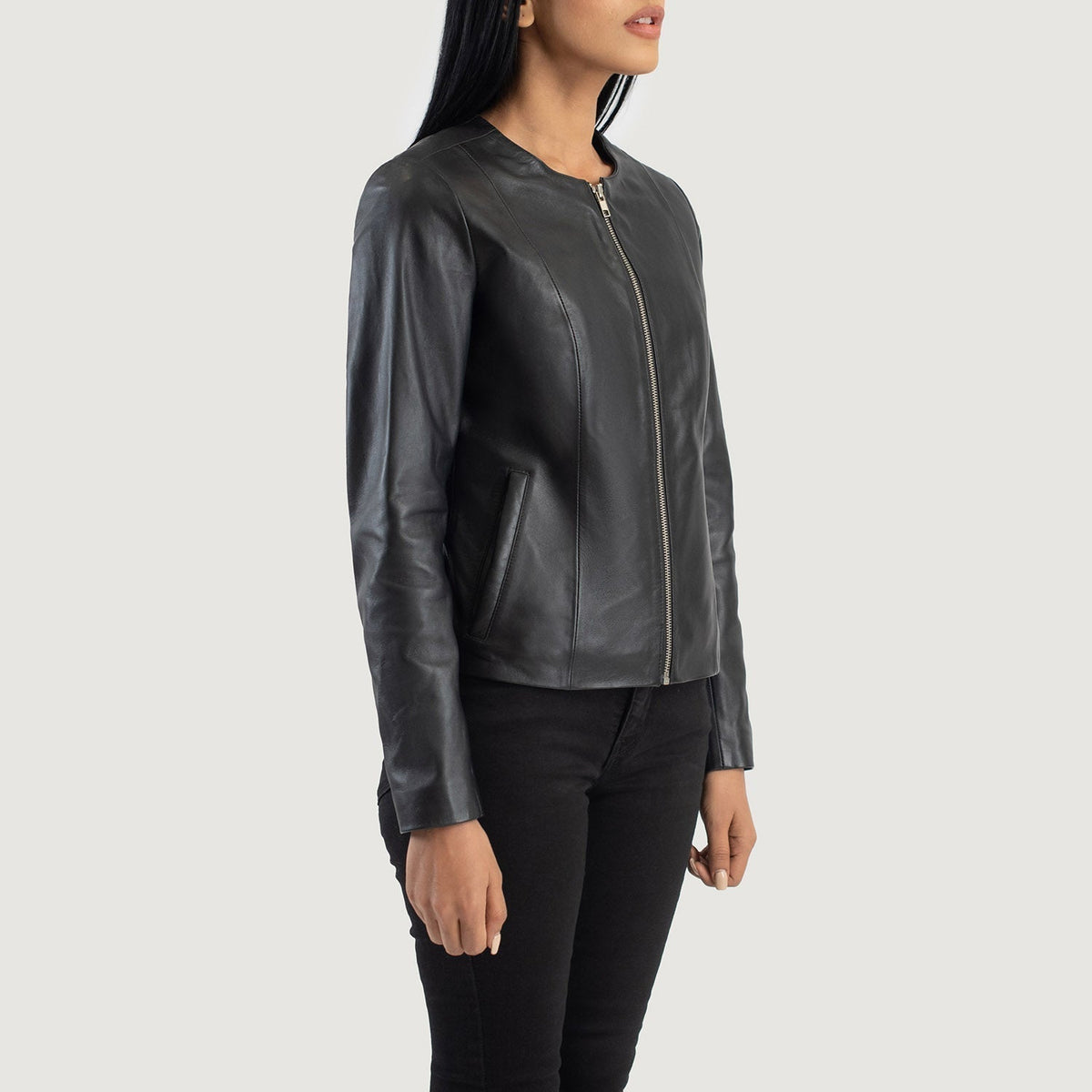 Elixir Black Collarless Leather Jacket - women's jacket in black sheepskin leather, view 2