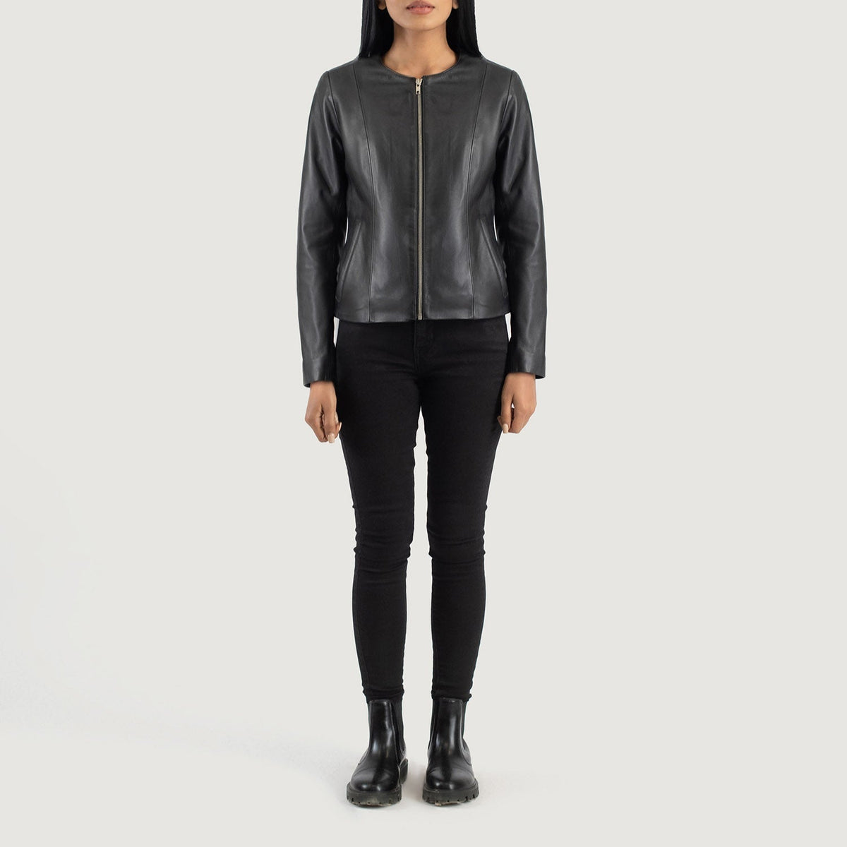 Elixir Black Collarless Leather Jacket - women's jacket in black sheepskin leather, view 3
