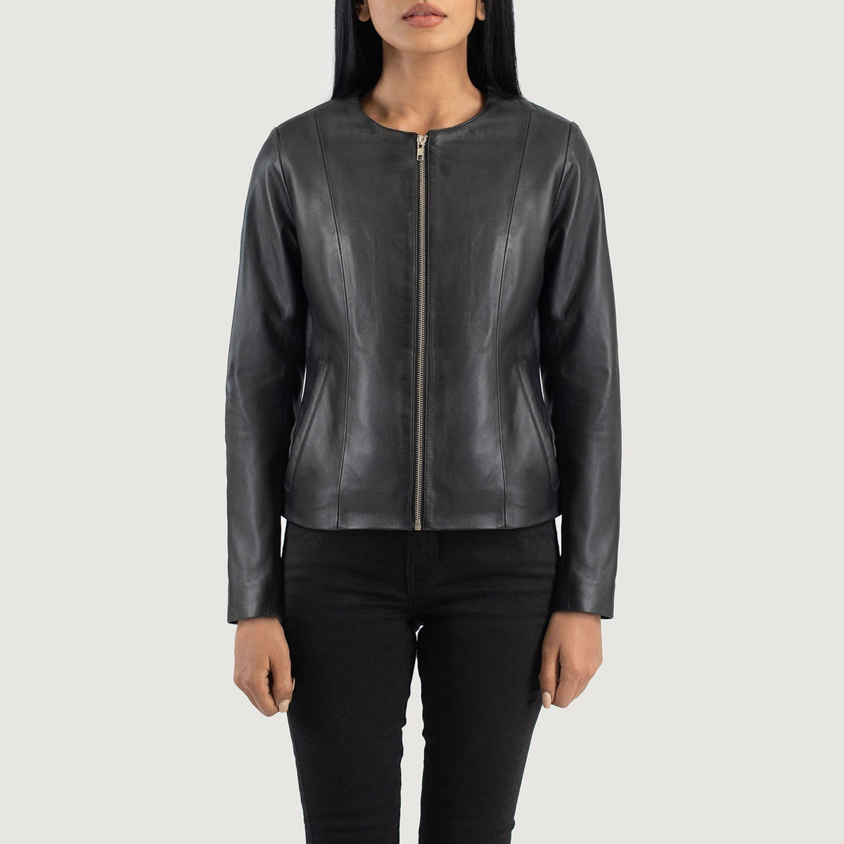 Elixir Black Collarless Leather Jacket - women's jacket in black sheepskin leather, view 4