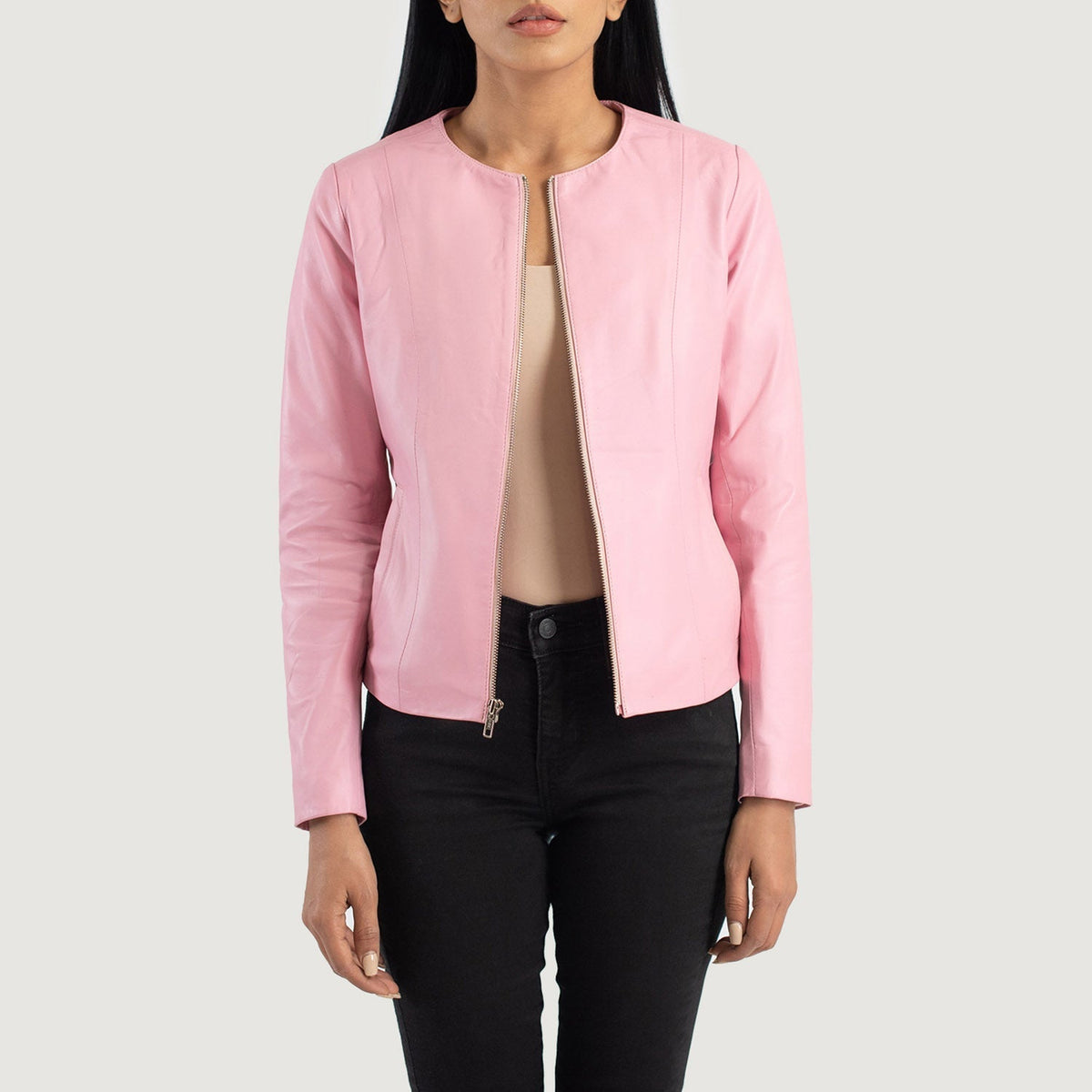 Elixir Pink Collarless Leather Jacket - women's jacket in pink sheepskin leather, view 1