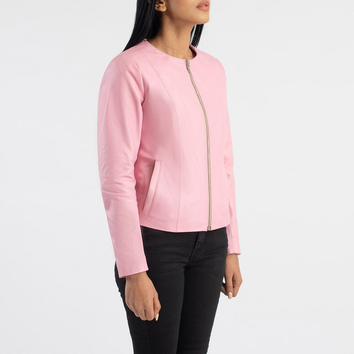 Elixir Pink Collarless Leather Jacket - women's jacket in pink sheepskin leather, view 2