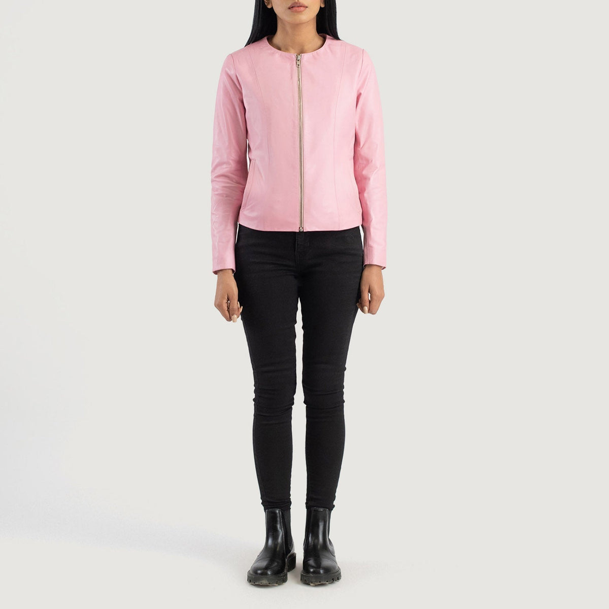 Elixir Pink Collarless Leather Jacket - women's jacket in pink sheepskin leather, view 3