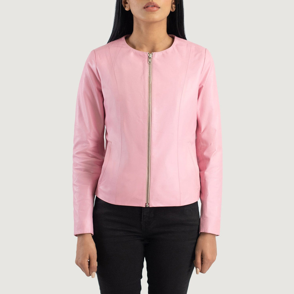 Elixir Pink Collarless Leather Jacket - women's jacket in pink sheepskin leather, view 4